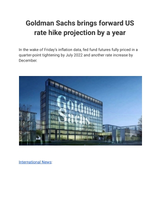Goldman Sachs brings forward US rate hike projection by a year