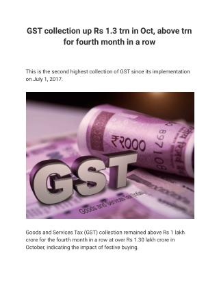 GST collection up Rs 1.3 trn in Oct, above trn for fourth month in a row