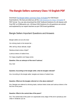 The Bangle Sellers summary Class 10 English PDF