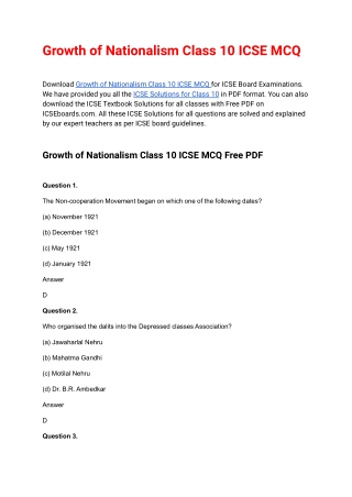 Growth of Nationalism Class 10 ICSE MCQ Free PDF