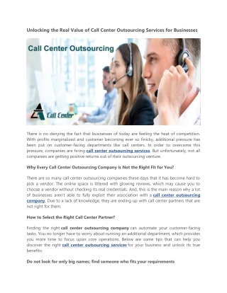 Unlocking the Real Value of Call Center Outsourcing company for Business