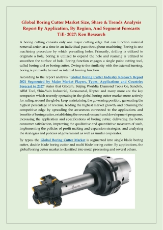 Global Boring Cutter Industry Research Report 2021 Segmented by Major Market Players, Types, Applications and Countries