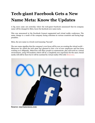 Tech-giant Facebook Gets a New Name Meta: Know the Updates