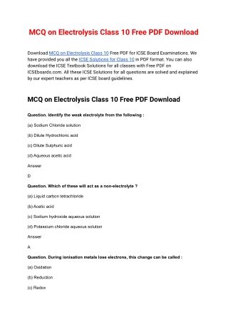 MCQ on Electrolysis Class 10 Free PDF Download