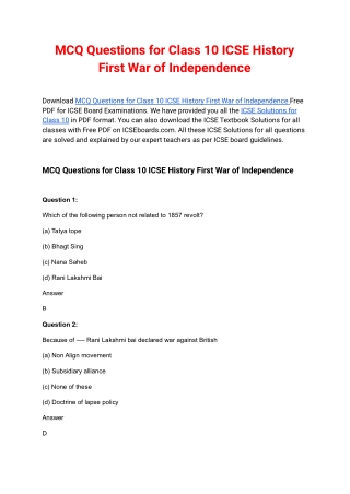 MCQ Questions for Class 10 ICSE History First War of Independence