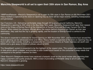 Mancinis Sleepworld is all set to open their 35th store in San Ramon, Bay Area