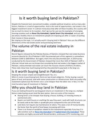 Is it worth buying land in Pakistan