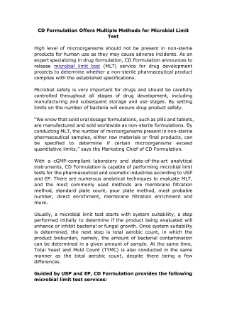 CD Formulation Offers Multiple Methods for Microbial Limit Test