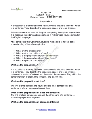 Prepositions Exercises for Class 10 CBSE