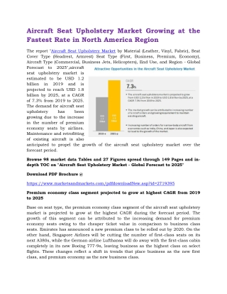 Aircraft Seat Upholstery Market Growing at the Fastest Rate in North America Region