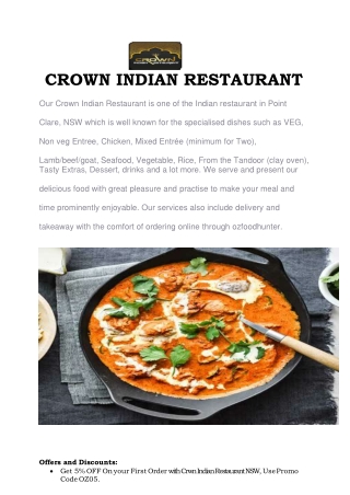 5% Off - Crown Indian Restaurant Menu Point Clare, NSW