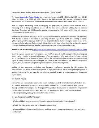 Automotive Piston Market Witness to Grow USD 2.2 billion by 2025