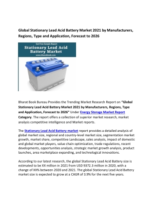 Global Stationary Lead Acid Battery Market 2021 Regions and Forecast to 2026