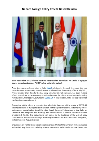 Nepal's Foreign Policy Resets Ties with India