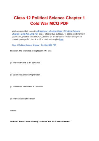 Class 12 Political Science Chapter 1 Cold War MCQ PDF