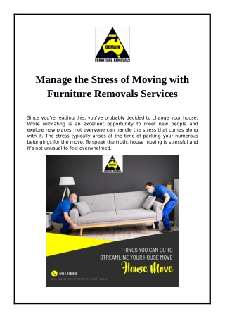 Manage the Stress of Moving with Furniture Removals Services