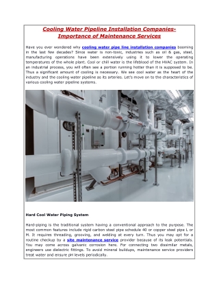 Cooling Water Pipeline Installation Companies- Importance of Maintenance Services