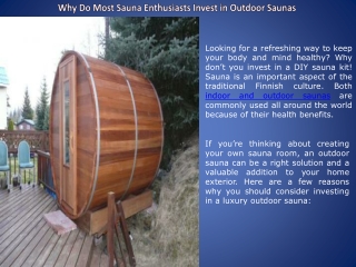 Why Do Most Sauna Enthusiasts Invest in Outdoor Saunas?