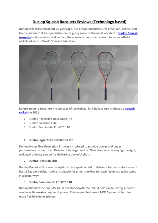 Dunlop Squash Racquets 2021- Technology Based