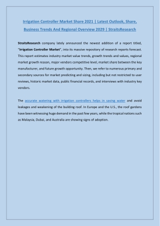 Irrigation Controller Market Trends 2021 | StraitsResearch