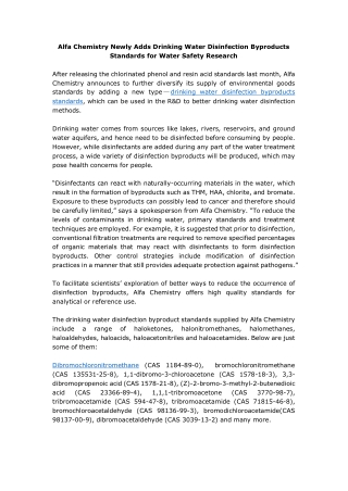 Alfa Chemistry Newly Adds Drinking Water Disinfection Byproducts Standards for Water Safety Research