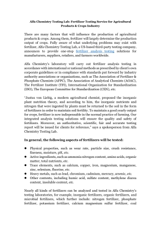 Alfa Chemistry Testing Lab Fertilizer Testing Service for Agricultural Products & Crops Industry