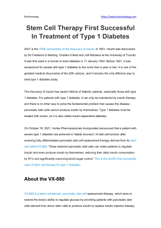 Stem Cell Therapy First Successful In Treatment of Type 1 Diabetes
