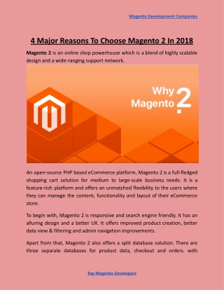 4 Major Reasons To Choose Magento 2 In 2018