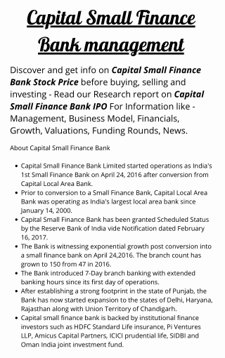 Capital Small Finance Bank Board of Directors