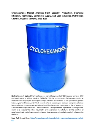 Cyclohexanone Market Size, Share, Trends, Growth, Analysis. 2030