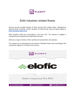 Elofic Industries Unlisted shares