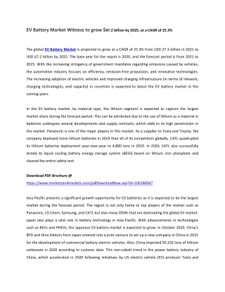 EV Battery Market Witness to grow $67.2 billion by 2025, at a CAGR of 25.3%