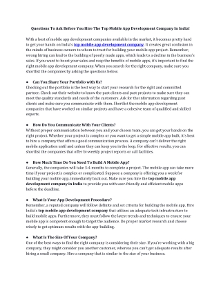 Questions To Ask Before You Hire The Top Mobile App Development Company In India!