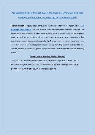 Arc Welding Robots Market Strategy 2021 | StraitsResearch