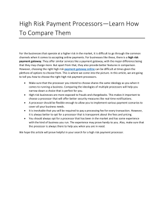High Risk Payment Processors—Learn How To Compare Them
