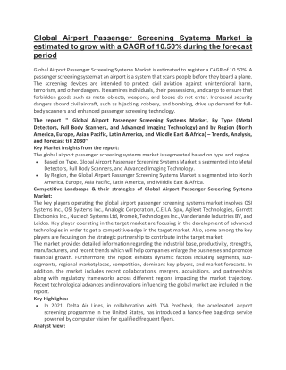 Global Airport Passenger Screening Systems Market is estimated to grow with a CAGR of 10