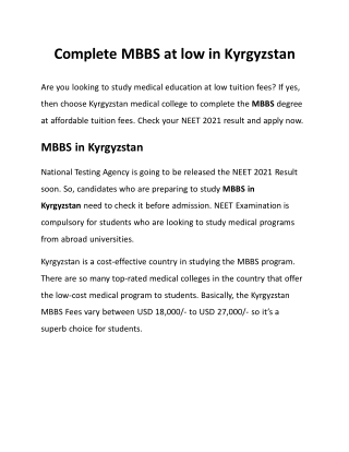 Complete MBBS at low in Kyrgyzstan