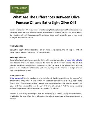What Are The Differences Between Olive Pomace Oil and Extra Light Olive Oil?