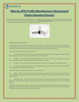 Why do uPVC Profile Manufacturers Recommend Plastic Extrusion Process