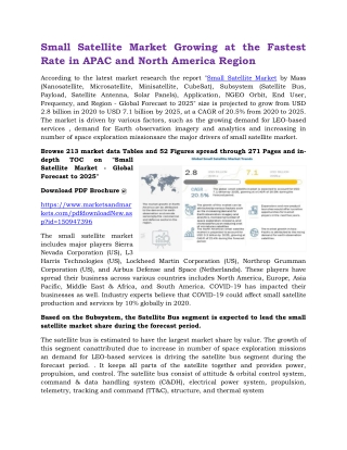 Small Satellite Market Growing at the Fastest Rate in APAC and North America Region