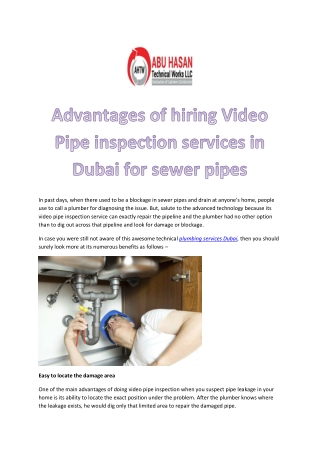 Advantages of hiring Video Pipe inspection services in Dubai for sewer pipes