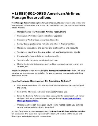 1(888)802-0983 American Airlines Manage Reservations