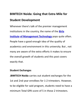 BIMTECH Noida Going that Extra Mile for Student Development