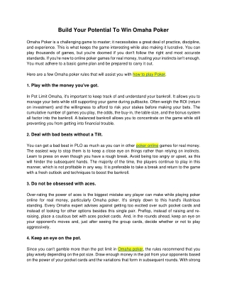 Build Your Potential To Win Omaha Poker