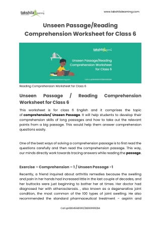 Unseen Passage/Reading Comprehension Worksheet for Class 6