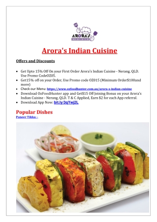 15% off - Arora's Indian Cuisine Menu - Takeaway Nerang, QLD