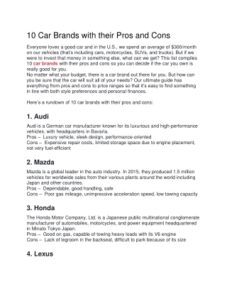 10 Car Brands with their Pros and Cons