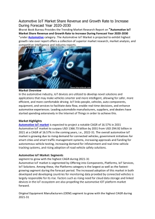 Automotive IoT Market Share Revenue and Growth Rate to Increase During Forecast