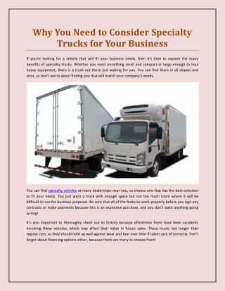 Why You Need to Consider Specialty Trucks for Your Business