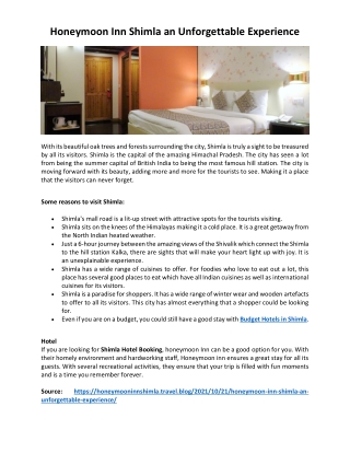 Honeymoon Inn Shimla an Unforgettable Experience